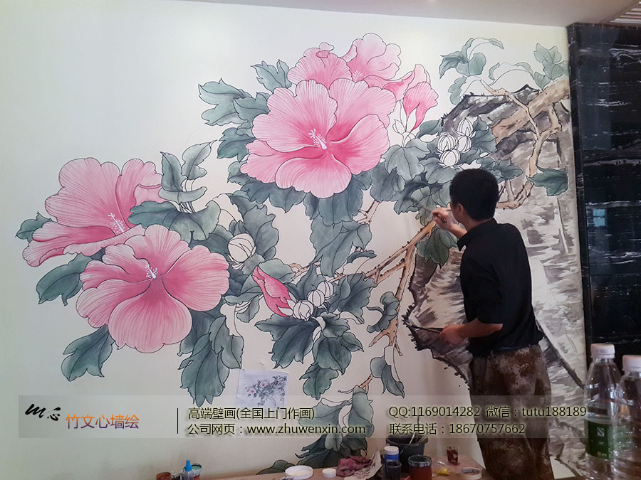 [餐厅壁画案例]花之林人文茶馆-国画富贵牡丹 长沙竹文心墙绘壁画公司